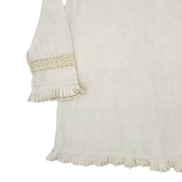 Richard Malcolm Shirt Womens Large Beige Boho Irish Linen Ruffle Trim Lace Top - Picture 12 of 13